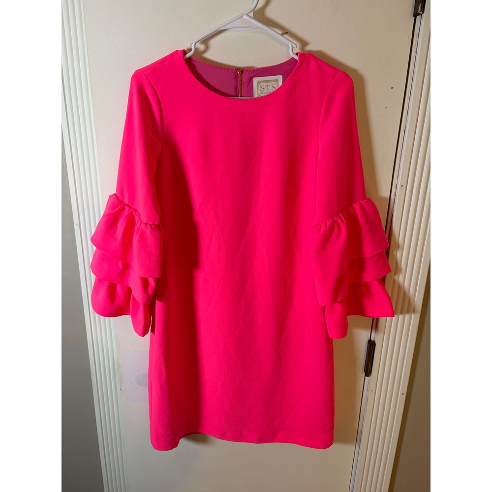 STS Sail to Sable Neon Pink Ruffle Bell Sleeve Shift Dress Size 2